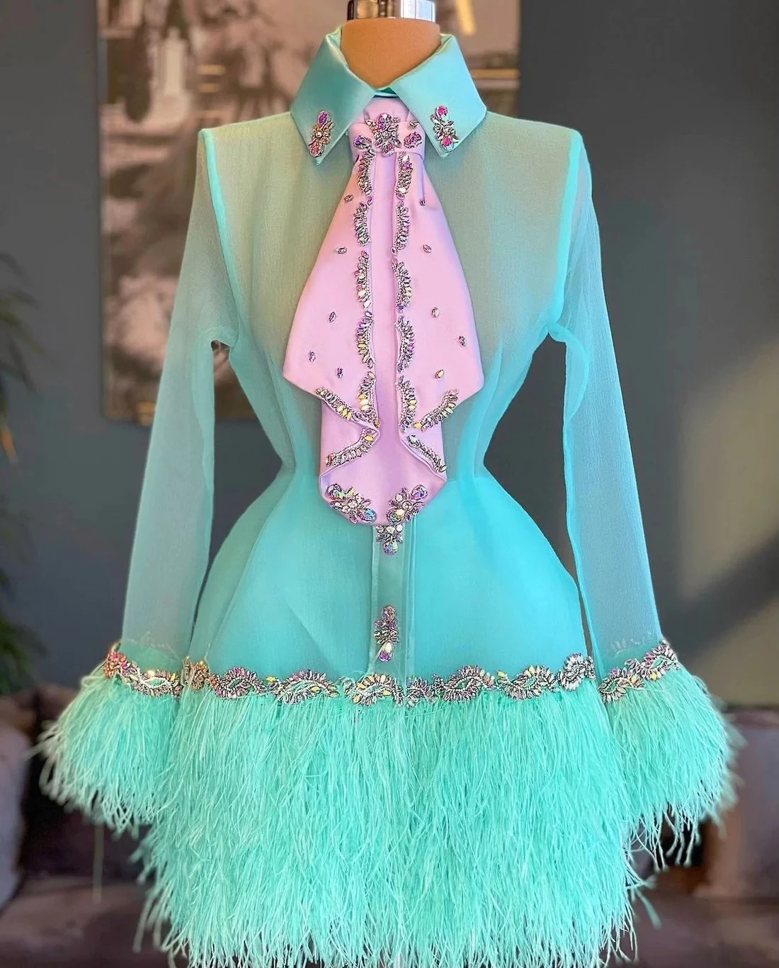 

Turquoise Cocktail Dresses Sheath Long Sleeves Short Mini Tulle Feather Beaded Homecoming Dresses Haute Couture