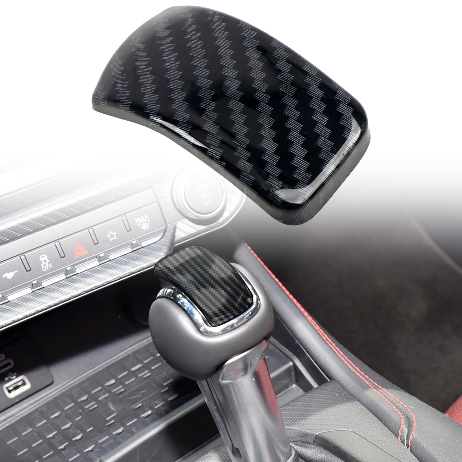 Coque Pommeau Levier Vitesse Fibre Carbone Rouge | Pour Ford Mustang 2015-2019, Décoration Intérieure - 5