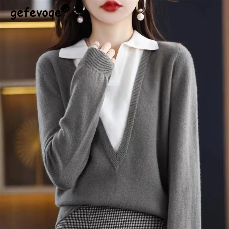 

Women Korean Fashion Polo Collar Patchwork Soft Elegant Knitwear Casual Long Sleeve Pullover Knitted Sweater Fall Winter Jumpers