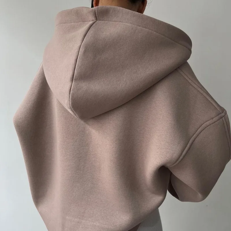 Autumn and Winter Women's Pullover V-Neck Solid Color Velvet Hooded Letter Print Off Shoulder Long Sleeve Hoodies Fashion Tops