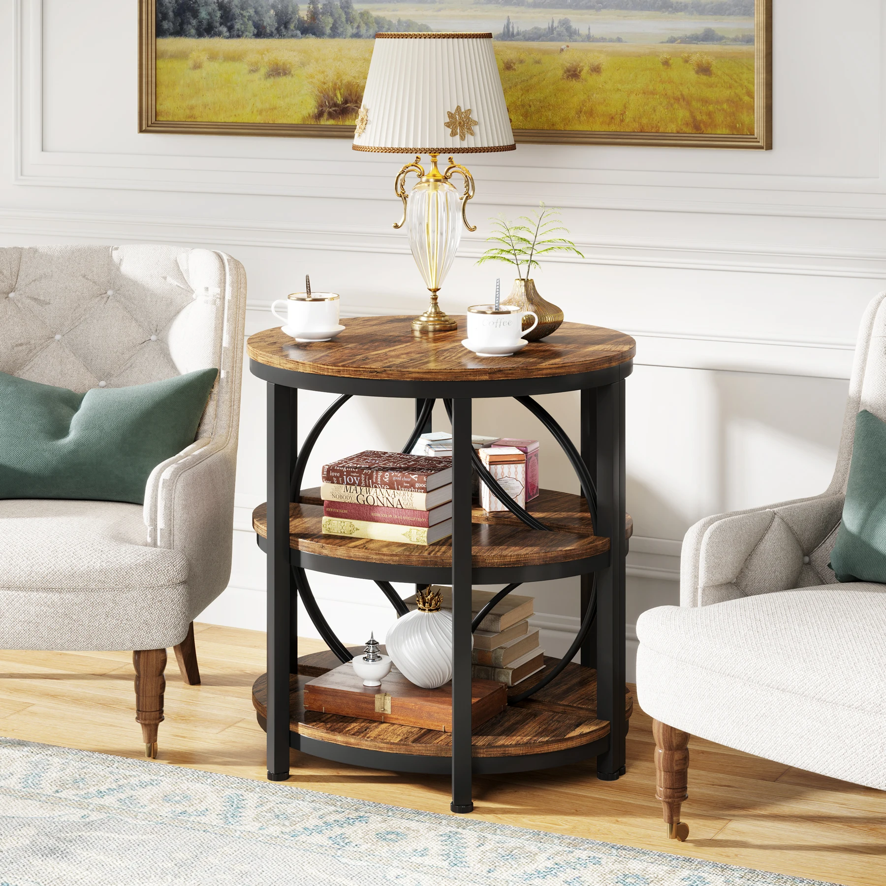 Tribesigns Half Round End Table for Living Room, 3-Tier Half Side Table with Metal Frame, Industrial Half Moon Table with Storag