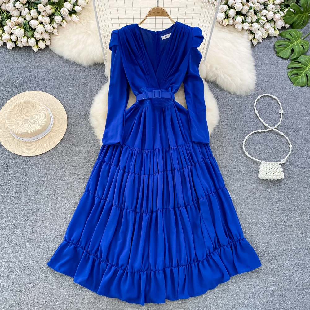 

Elegant Chic V-neck Pleated Puff Long Sleeve Dress A-line Casual Belt Fashion Women Evening Summer Spring Vestidos