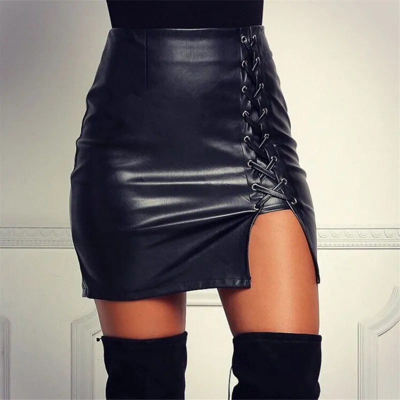 

Women Sexy Above Knee Black PU Leather Mini Skirt Spring Girls High Waist Bodycon Front Split Elegant Short Skirts 2022 Summer