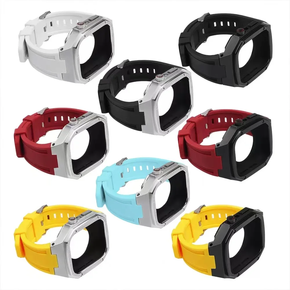 Rubber Strap For Apple Watch Band 45mm 44mm 41mm 40mm Metal Stainless Steel Modification Kit Case For iWatch Series 8 7 6 5 4 SE
