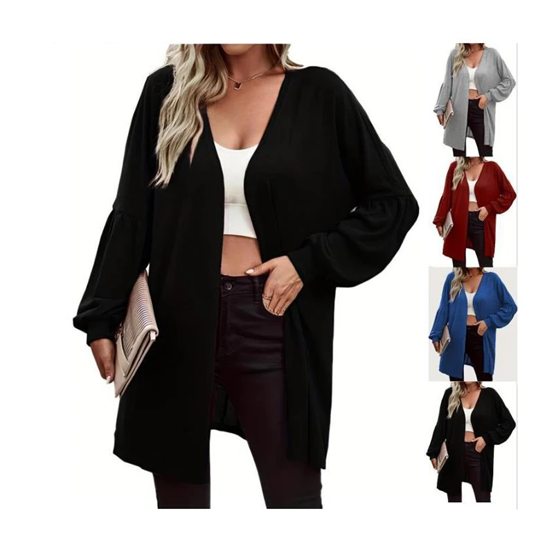 

Women's Knitted Cardigan Coat Autumn Solid Color V-neck Lantern Sleeve Middle Long Coat Casual Joker Loose Ladies Jacket S-2XL