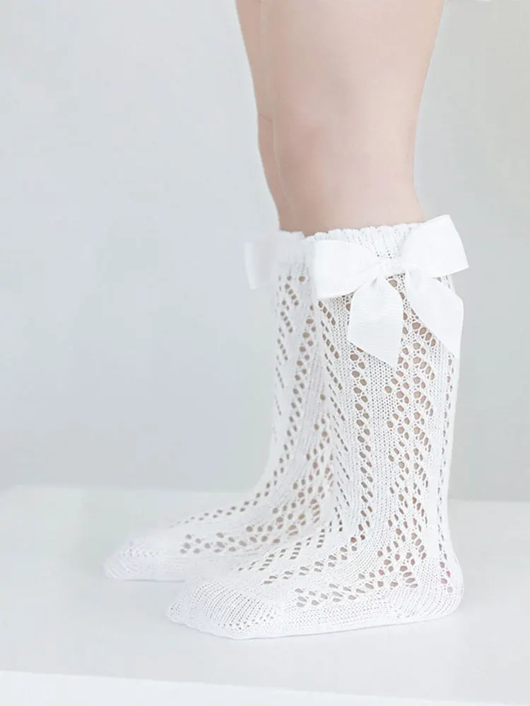 

Summer Solid Color Spanish Bow Princess White Socks Mesh Hollow Out Thin Stitch Knee High Long Tube Stockings for Children Girls