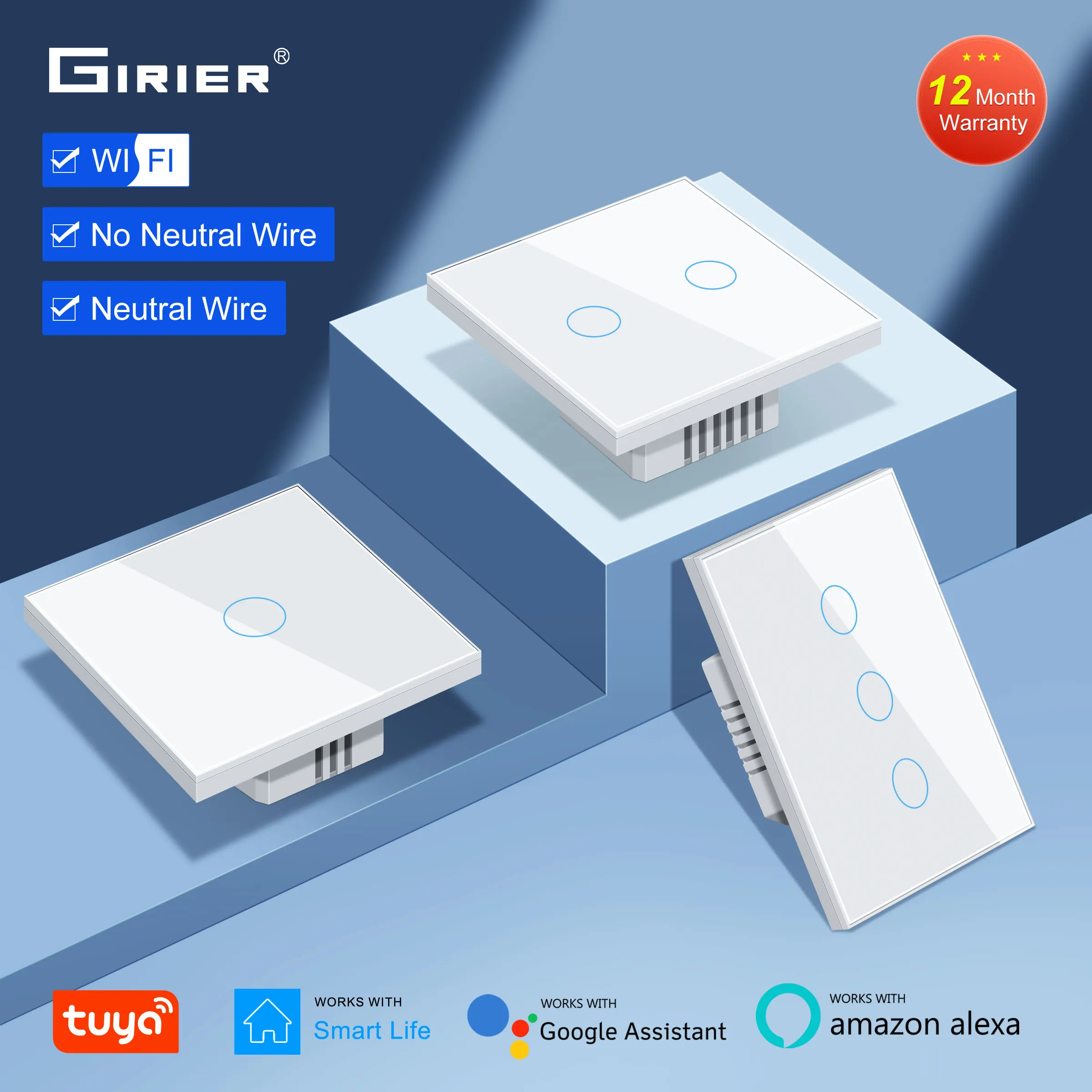 Girier-tuya Inteligente Wifi Switch Gang Touch Panel Switch ue Eua Neutro sem Fio Neutro Necessário Suporta Alexa Google Home