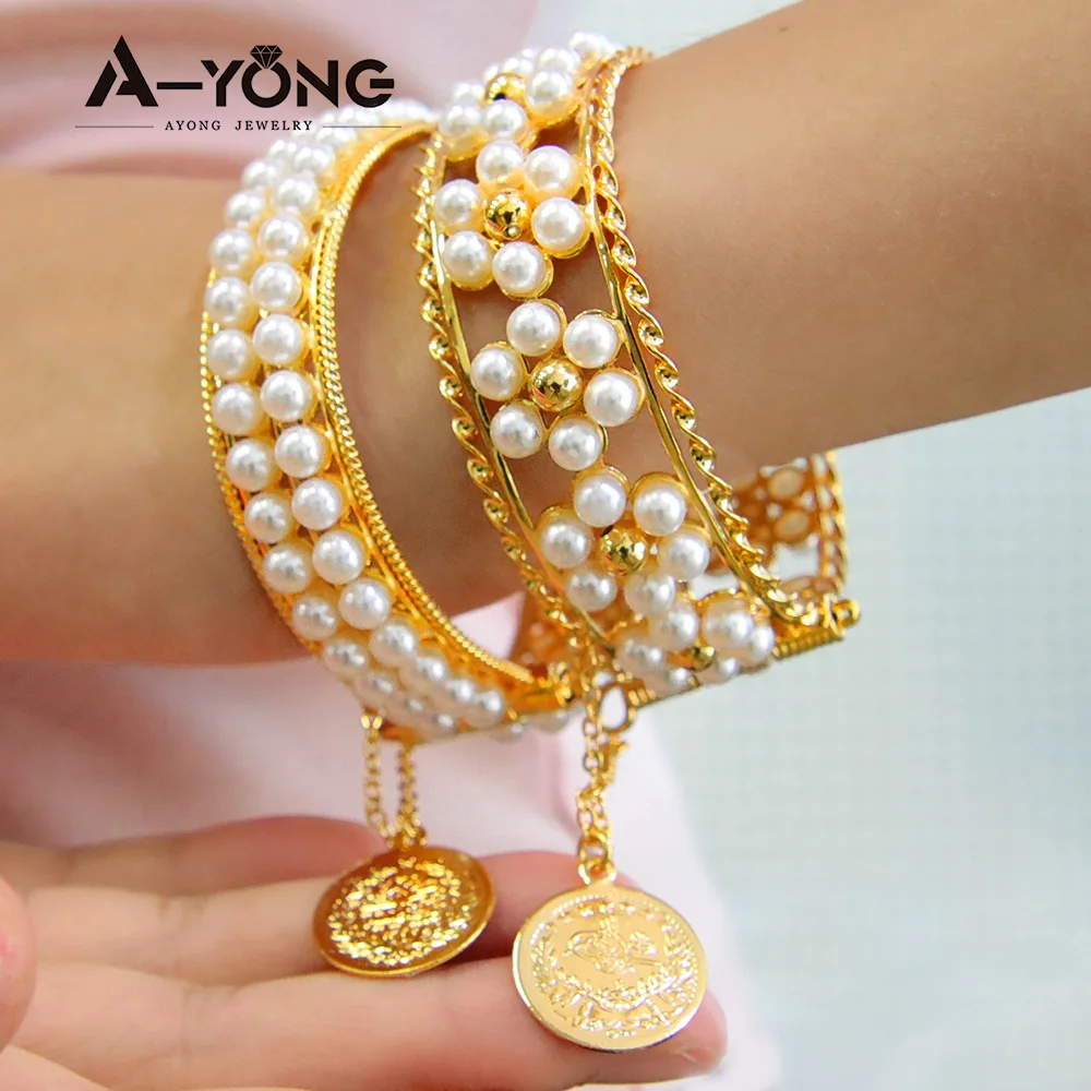 Italian Elegant Pearls Gold Color Bracelets 21k Gold Plated Luxury Cuff Bangles Arab Brazilian Women Mother's Day Party Jewelry