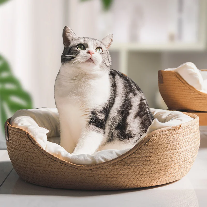 

Hand Made Pet Bed Basket for Dogs and Cats Four Season Cozy Woven Cat Nest Indoor Cat Bed Natural Removable and washable Cushion