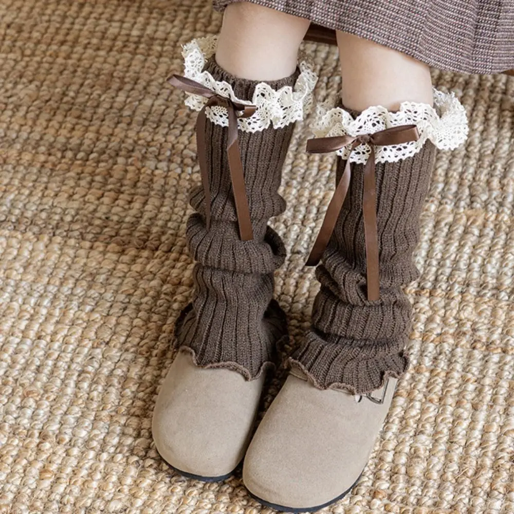 Fashion Harajuku Bow Ribbon Leg Warmers Long Stockings Sweet Lolita Knitted Socks Solid Color Kawaii Knitted Foot Cover Autumn