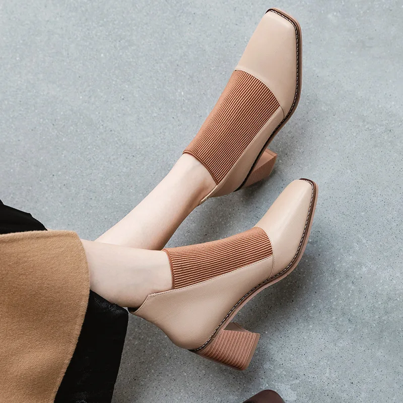 

Women Winter Breathable Knitted Sock Boots 2024 Autumn Warm Fashion Mesh Square Toe Platform High Heels Short Ankle Boots Shoes