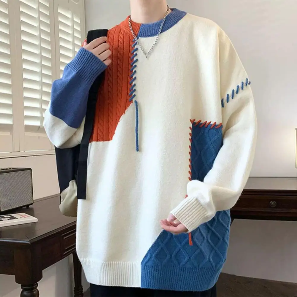 

Men Sweater Cozy Knitted Men's Sweater With Contrast Color Patchwork Crew Neck For Winter Fall Thick Warm Loose Soft Mid Length