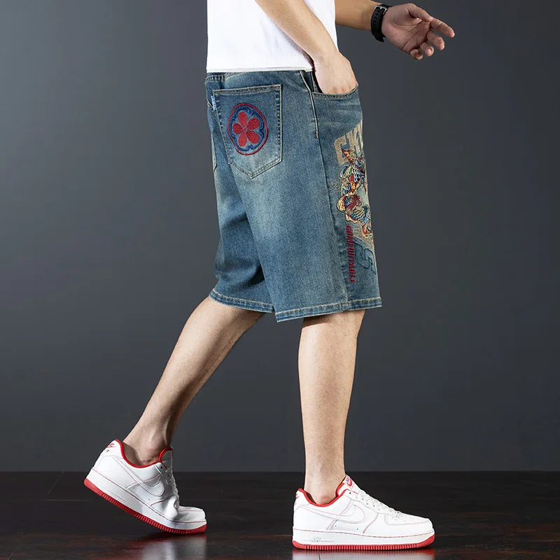 Summer Embroidered Split Denim Shorts Men's Loose Straight Mid pants Thin style Embroidered Cowboy Shorts Plus Size 42 44