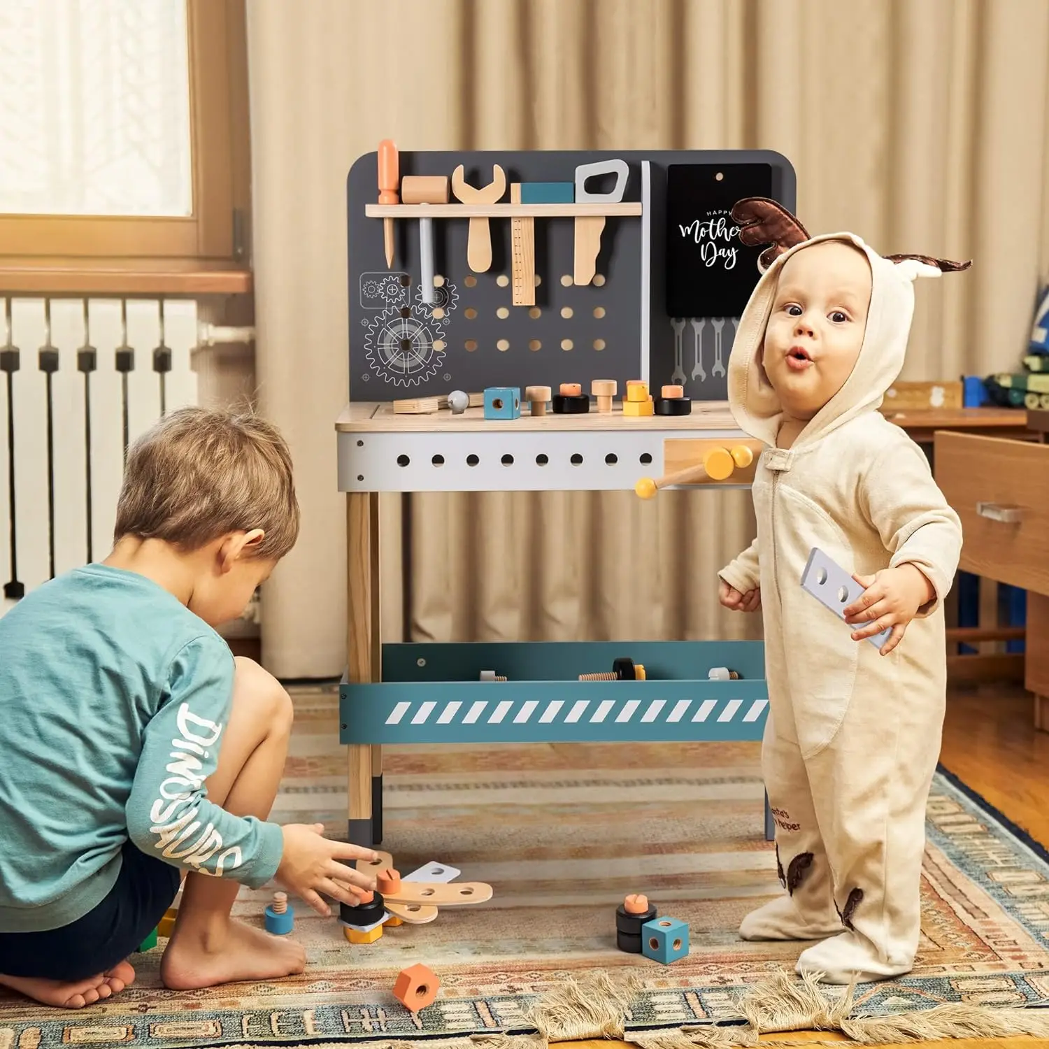 Robotime Kids Tool Bench Wooden Toy Tool Bench with Tools Blue Kids Pretend Play Learning or Boys & Girls Age 3-5 Blue
