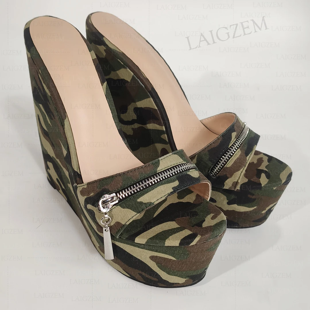 

ZHIMA Women Platform Wedges Pumps Open Toe Slip On Mules High Heels Sandals Camouflage Shoes Woman Large Size 41 43 45 49