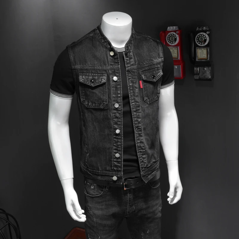 2024 High Quality Fall on The New Fashion Handsome Trend Everything Black Stand Collar Large Size Cowboy Vest Man   Vest for Men 4