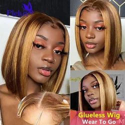 Glueless Wear To Go Highlight Straight Short Bob Wig Transparent 4x4 Lace Frontal Human Hair Wigs For Women P4/27 Lace Human Wig