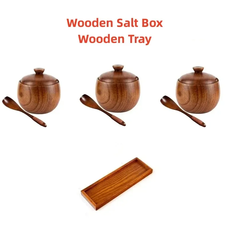 Wooden Salt Cellar with Lid and Spoon - Spice, Sugar, and Seasoning Box with Wooden Tray - Image 6