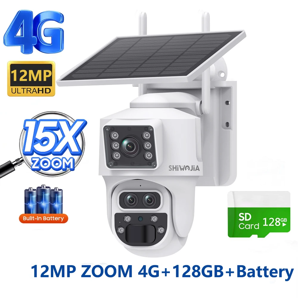 SHIWOJIA كاميرا بالطاقة الشمسية 4G 12MP 6K 15X Zoo...