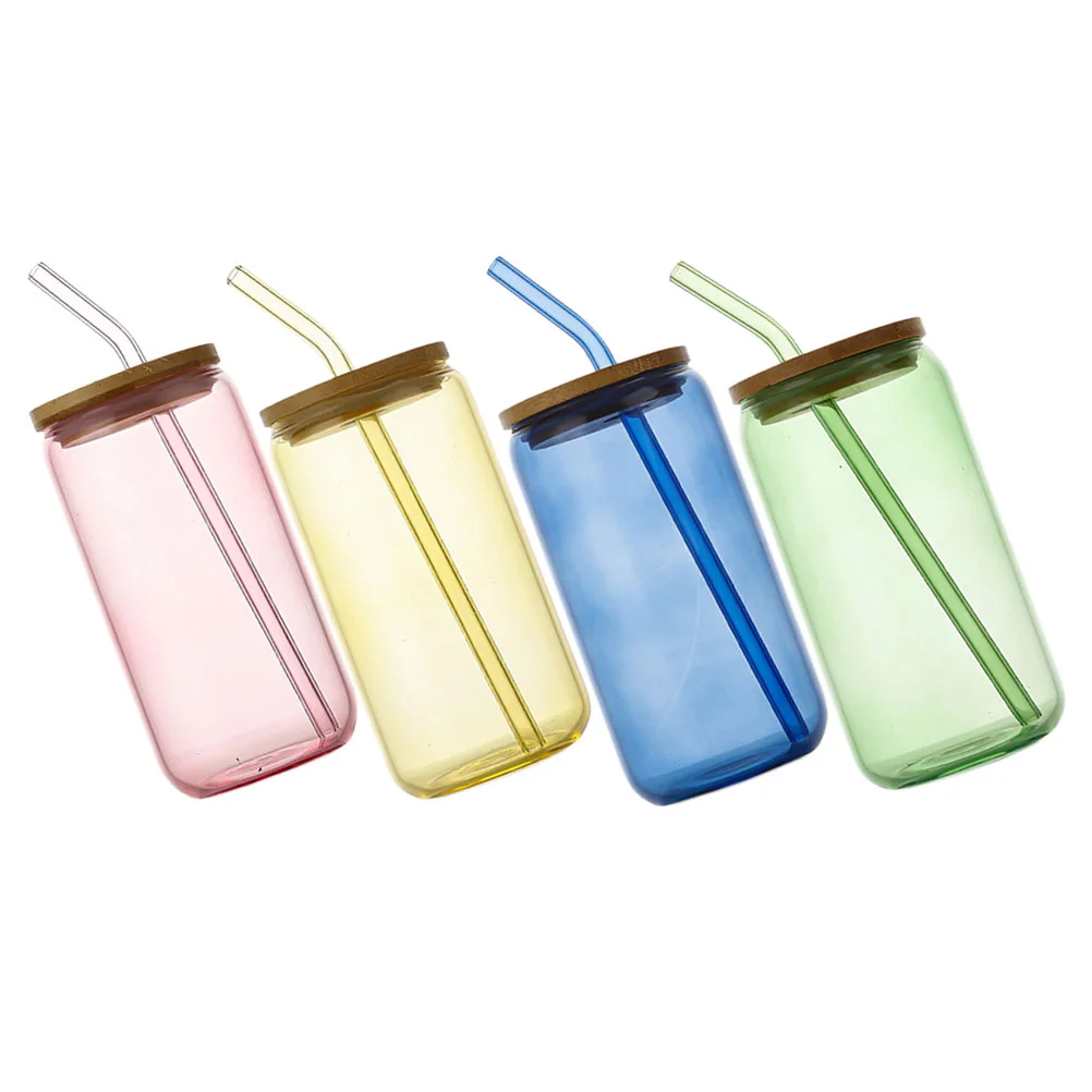 4Pcs Can Shaped Glass with Lids Straws Cups Glass Can Cups Glass Jar Cups Milk Can Glass Cups
