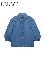 TFAFXY 2025 Spring Summer Casual Women's Denim Blouse Collar Single Breasted Loose Blouse New Fashion Shirts