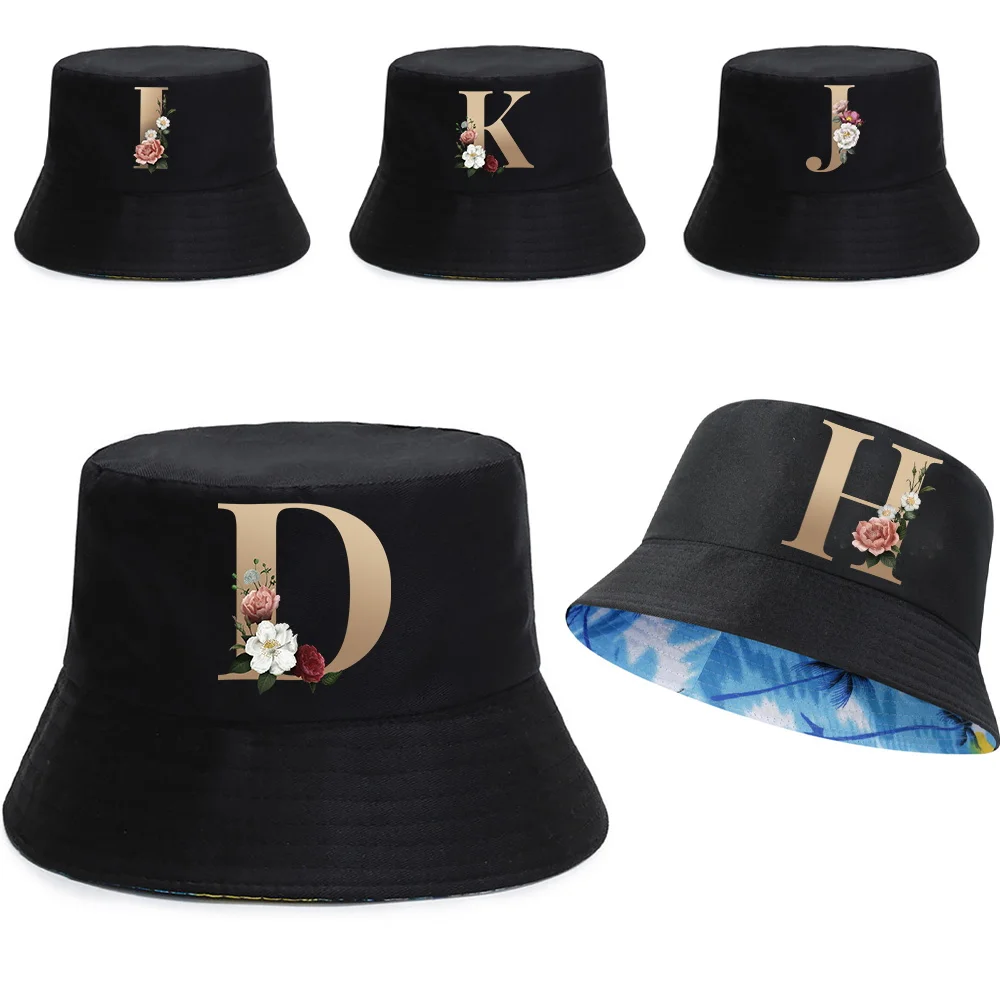 

Unisex Reversible Fisherman Caps Summer UV-proof Visors Cap Pure Cotton Double-sided Bucket Hat Gold Letter Print Panama Hats