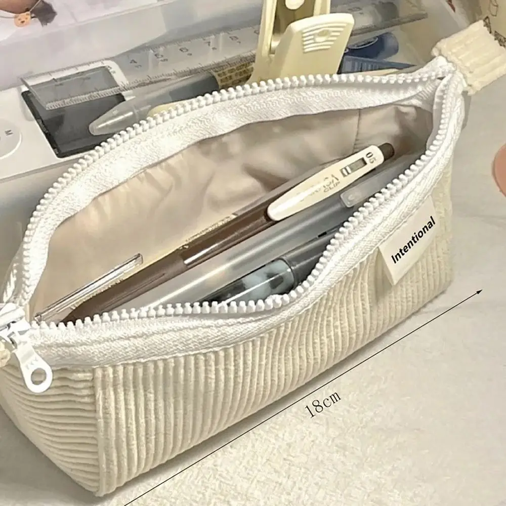 귀여운 베이지 코듀로이 연필 케이스, 창의적인 대용량 지퍼 펜 가방, INS 스타일 문구 보관 파우치, 사무실 학교 용품