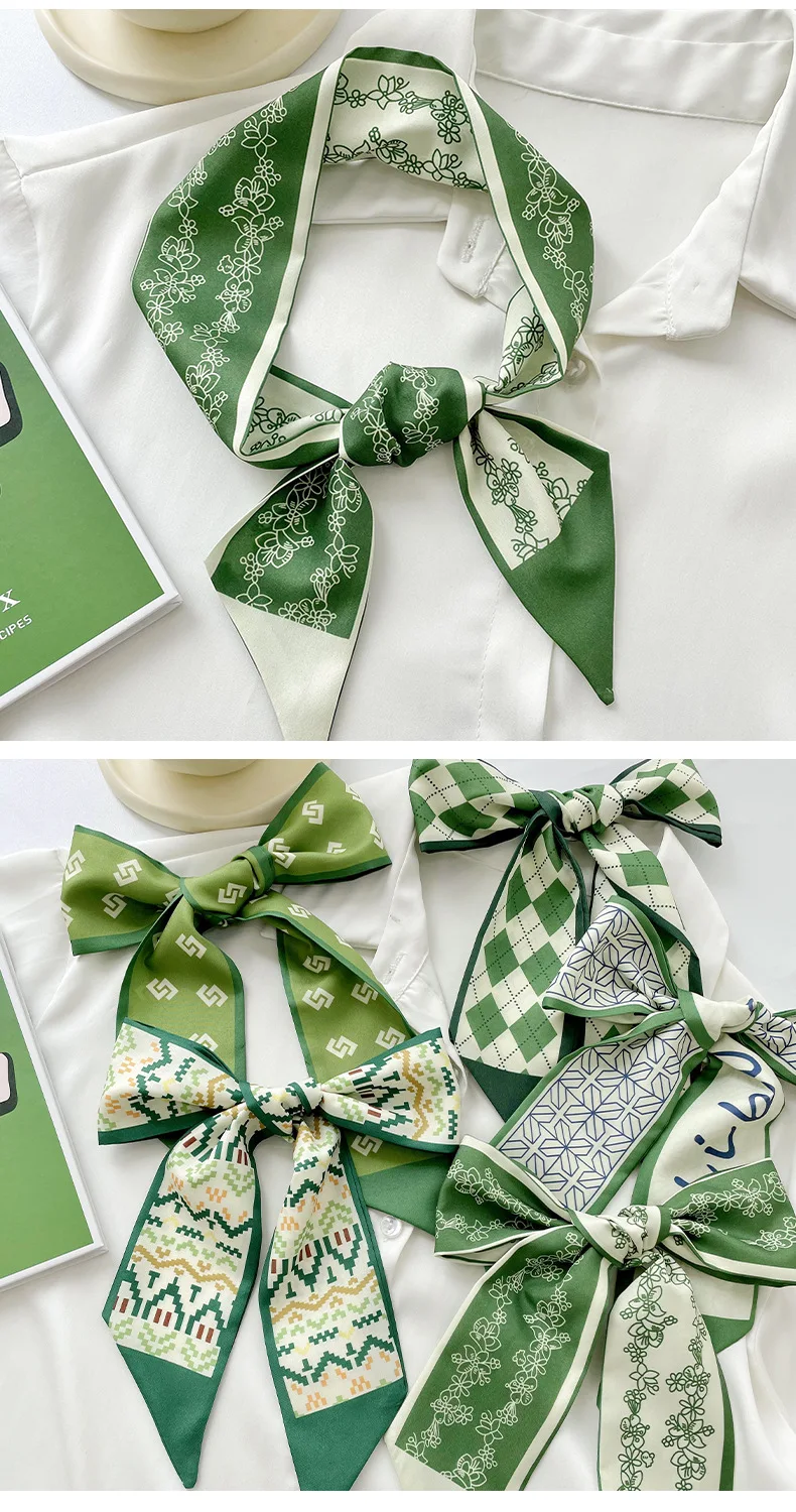 Korean green headband long small silk scarf for Women, Soft Comfort Elastic Headband, Workout Daily Casual Evening Gift Chic