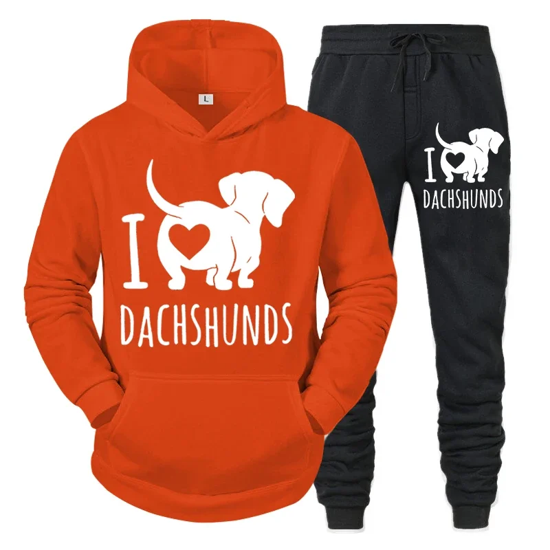 thumbnail image 1 of Trajes para hombre con estampado de "I Love Dachshunds", sudaderas con capucha y pantalones con letras de animales divertidos, conjuntos de 2 piezas, sudaderas casuales para amantes de los perros salc, 1 of 5