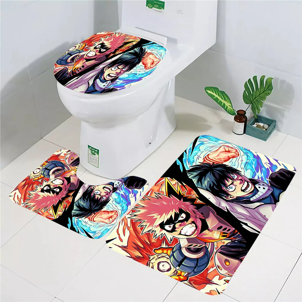 

CLOOCL Anime Toilet Cover 3PCS Set My Hero Academia 3D Printed Flannel Toilet U-shaped Carpet Absorbent Rug Bath Mats
