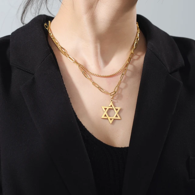 con colgante de Estrella de David para hombres y mujeres, amuleto de Israel, doble cadena, Judaica, Color plata antigua, joyería judía _ - Mobile