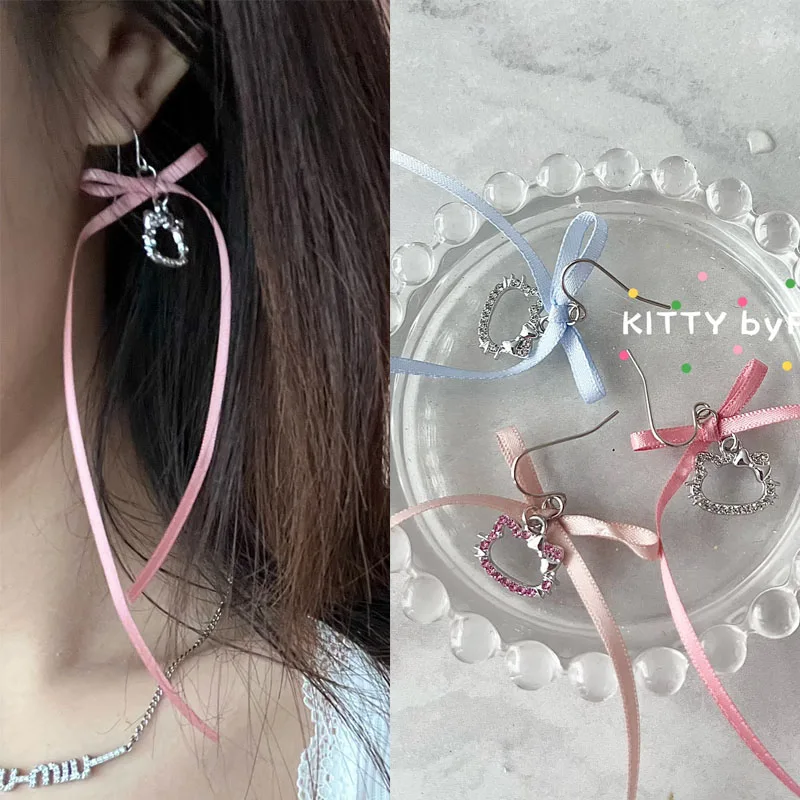 

Sanrio Hello Kitty 925 Sterling Silver Earrings Full Diamond Ribbon New Fashion Hot Selling Earrings for Women Wedding Jewelry