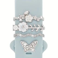 Butterfly Flower Rhinestone Watch Strap Charms - 4pcs Set of Decorative Ring Loops and Nail Studs (Silvery)