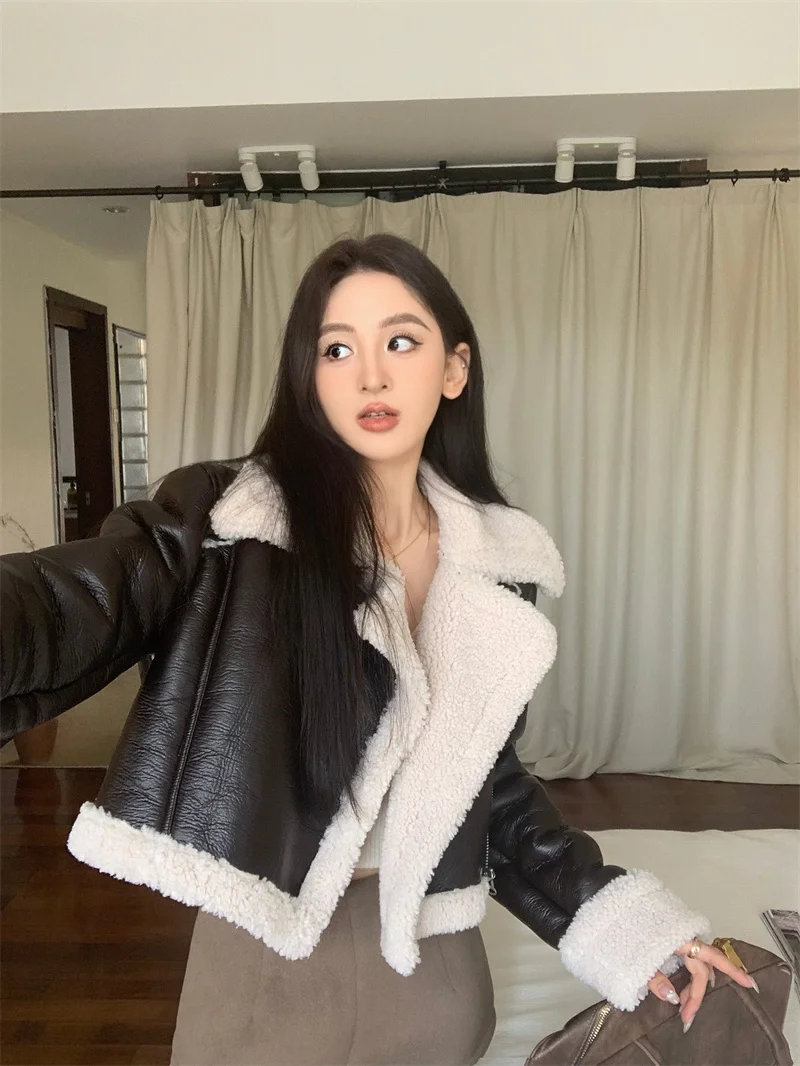 여성용 양털 패치워크 PU 가죽 재킷, 모피 칼라 짧은 재킷, 루즈핏 긴팔 봄버 코트, 겨울 신상
