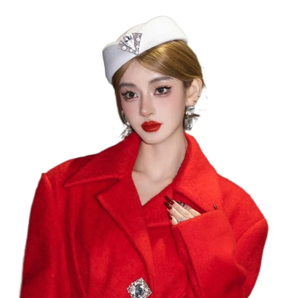 New Rhinestone Top Hat Cashmere Wool French Vintage Pillbox Hat Casual Headwear Party Dress
