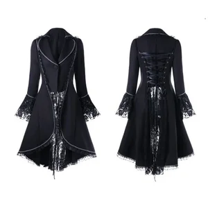 Women Girl Lady Vintage Gothic Victorian Medieval Long Sleeves Lace Tail Coat Swallowtail Jacket Halloween Cosplay Costume