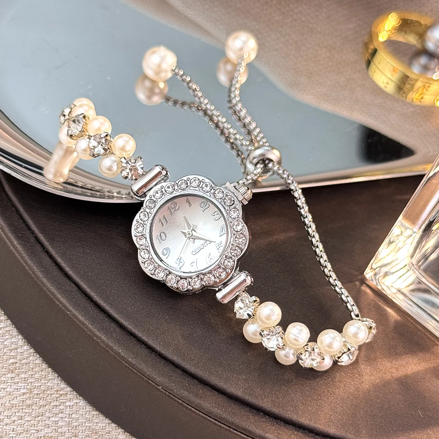 French Romantic Pearl Slide-On Bracelet Watch for Women with Flower Diamond Inlay Fashion Quartz Timepiece Lady's Accessory - 4