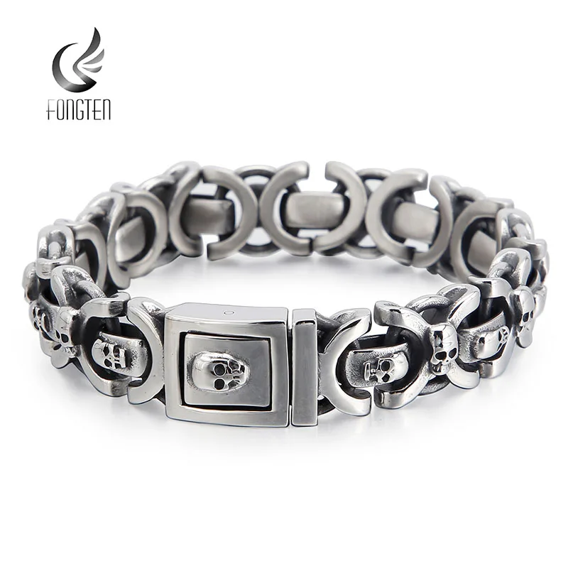 Fongten 22.5cm Skeleton Bracelet for Men Stainless Steel Skull Chain Charm Men Wrist Shiny Bracelets Bangle Silver Color Jewelry