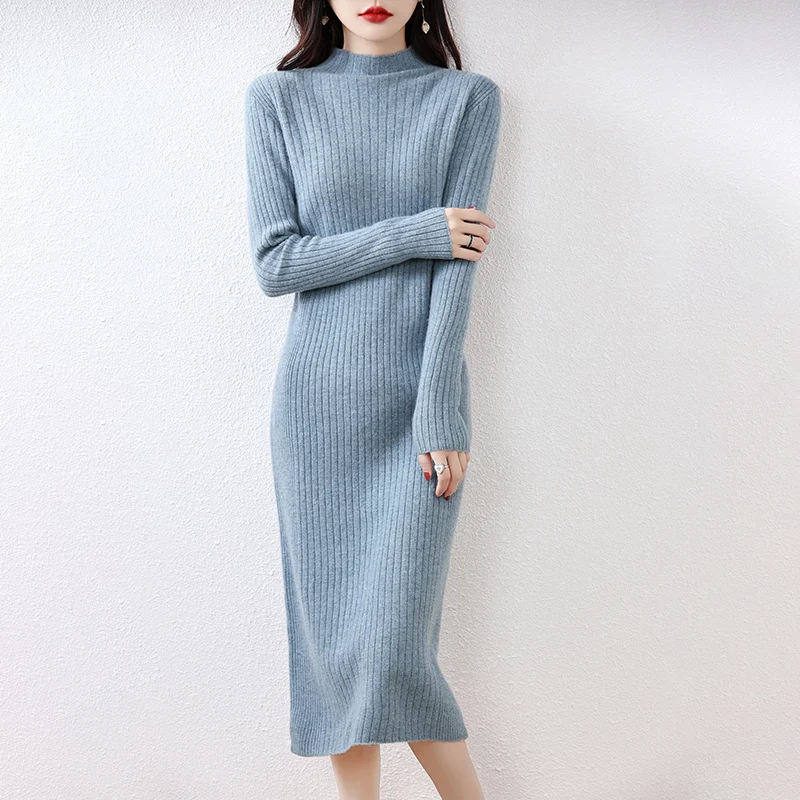 

Autumn Winter High Elasticity Women Fashion Dress 100% Wool Warm Sweater Dress Long Sleeve Knit Pullover Female Casual Dresses