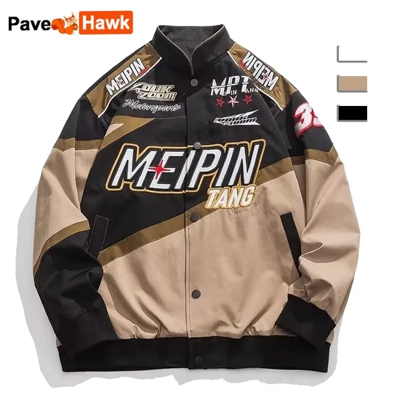 EmbroideredRacingJacketMenWomenHighStreetPatchworkLooseBomberCoatAutumnLetterHip