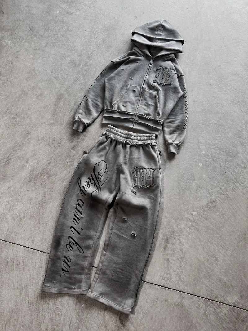 High street retro perforated embroidery American style logo Casual couple set street Harajuku punk loose hooded sweatshirt 4