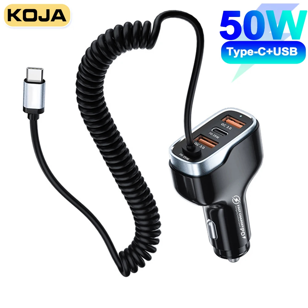 

50W USB C Car Charger PD 20W QC3.0 18W PPS 25W With Fast Type C Coiled Cable For IPhone 14 13 Samsung S22 Mobile Phone Adapter