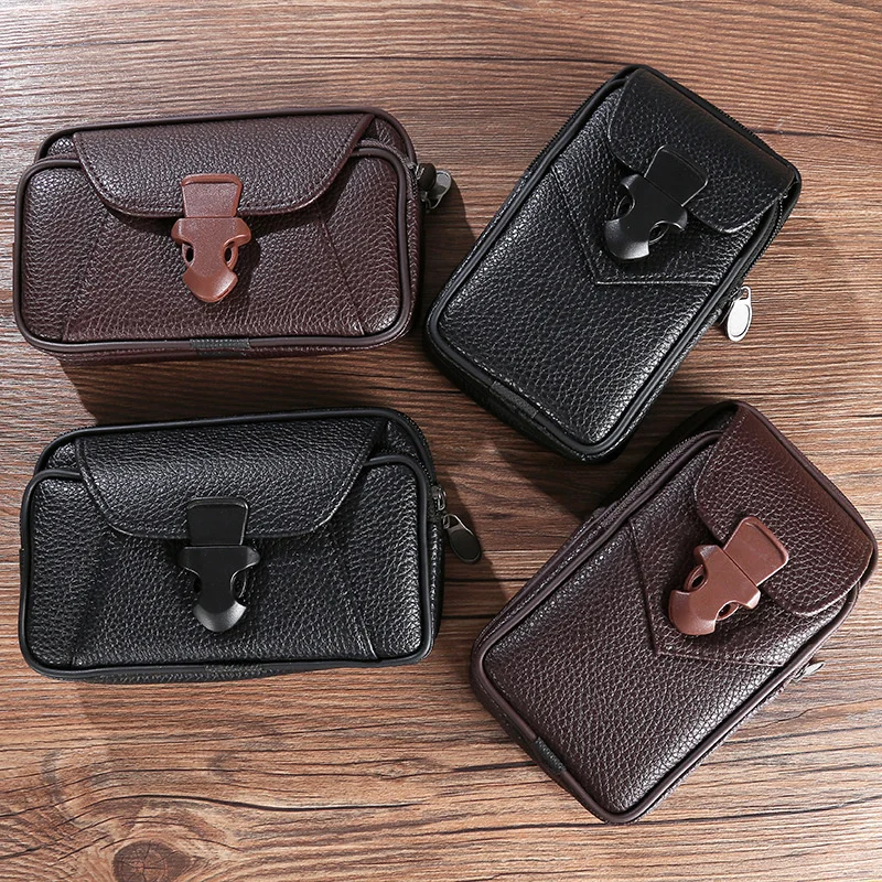 

Multifunctional Leather Waist Packs Solid Color Men Business Style Belt Bag Horizontal And Vertical Section Wallet Case Purse