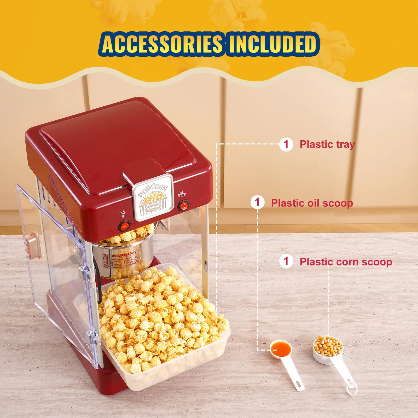 VEVOR Popcorn Popper Machine Tabletop Popcorn Maker 300W 2.5 Oz Red 6