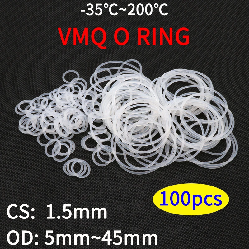 100pcs VMQ O Ring Seal Gasket Thickness CS OD 5~ 45mm