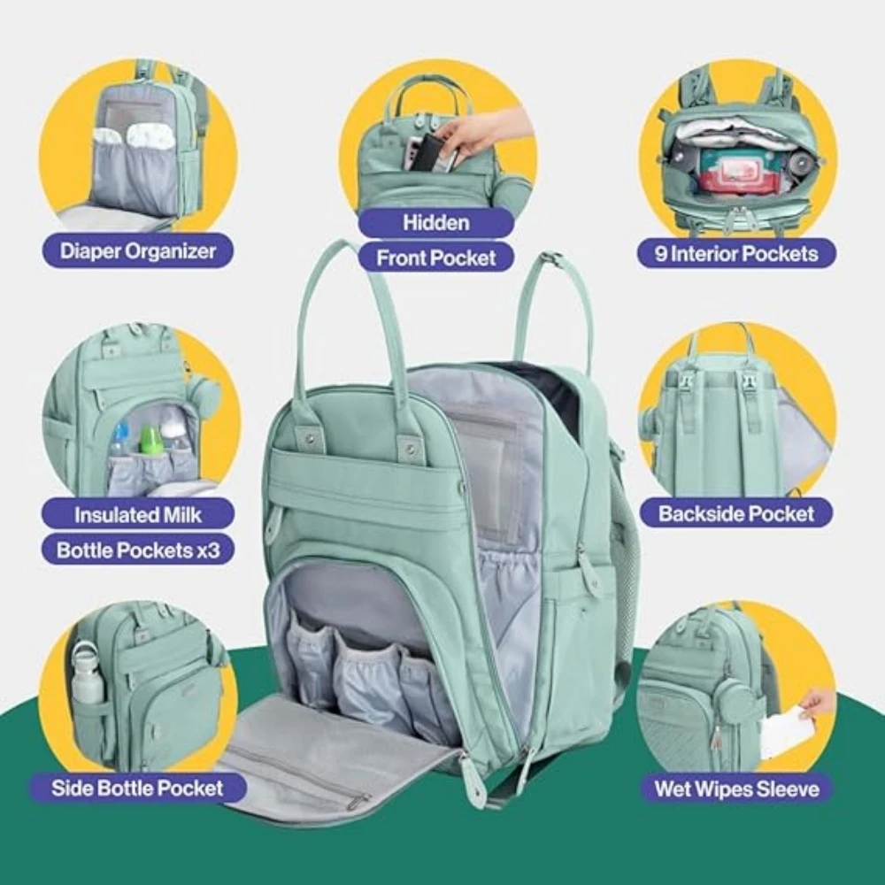 Roll over image to zoom in BabbleRoo Sage Green Unisex Baby Essentials Backpack-Spacious Diaper Bag with Changing Pad, Stroll