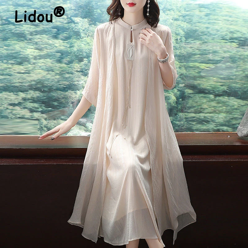 Two Piece Set for Women Retro Embroidery Chinese Style Elegant Party Dresses 3/4 Sleeve White Loose Fairy Midi Dress Robe Outfit