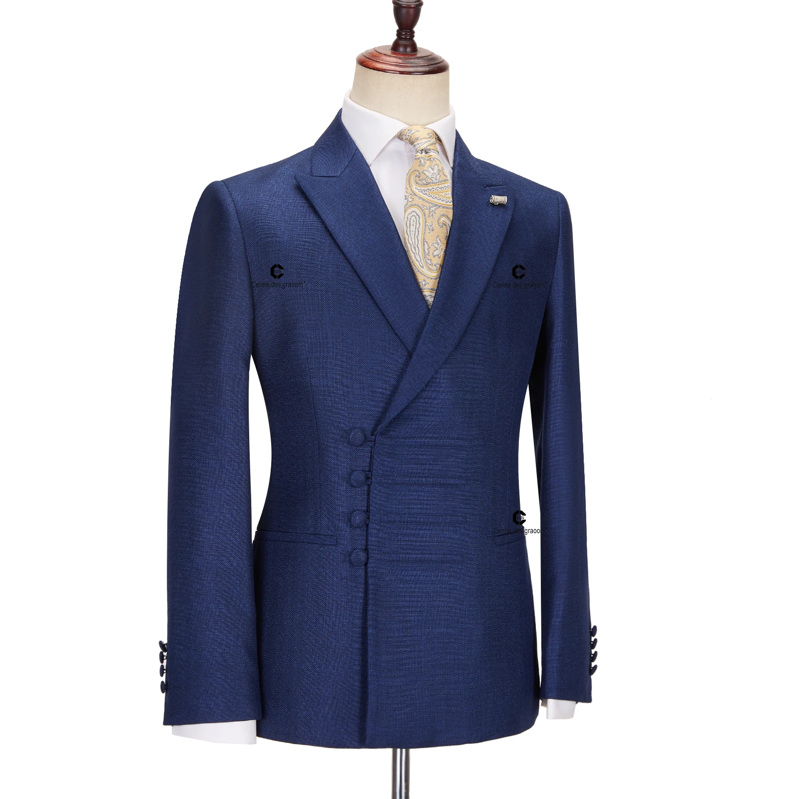 Cenne Des Graoom New Vintage Blue Suits for Men Chinese Knot Button Single Breasted Peak Lapel Jacket and Pants 2 Pcs Set Office 3