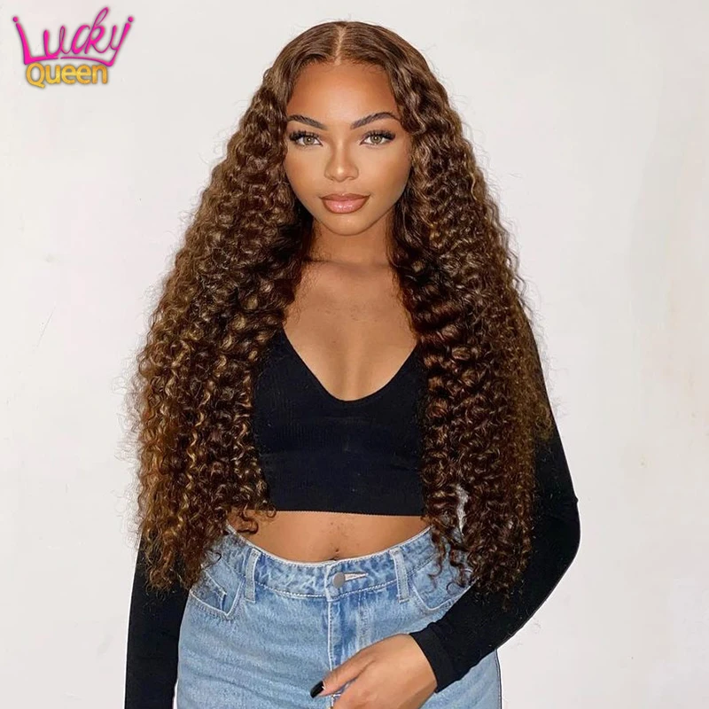 

Highlight Brown Kinky Curly HD Lace 5X5 Closure Colored Wig Pre Plucked for Women 13X4 Transparent Lace Front Wig 180 Density
