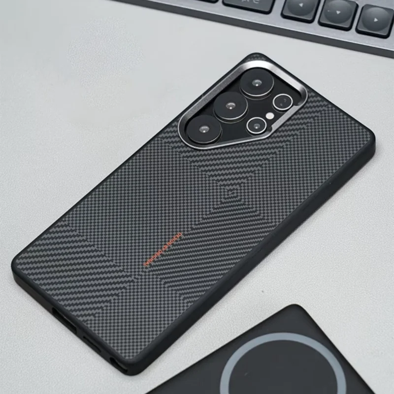Premium Carbon Fiber Texture Alloy Lens Case with Magnetic Wireless Charging and Anti-Drop Protection